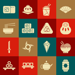 Set Japanese paper lantern, Asian noodles in bowl and chopsticks, Maneki neko cat, box, Sushi, and icon. Vector