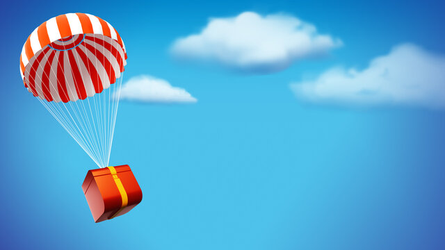 A parcel flying by parachute. Delivery service concept. Colorful flat design icon. A box flying on a parachute. Air transportation. Courier service. Post services. 3d image.