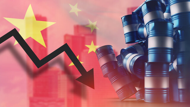 Negative trend in China oil market. Chinese fuel market. Falling oil barrels on the background of the flag of the People Republic of China. Reduction of petroleum prices. PRC fuel market. 3d image