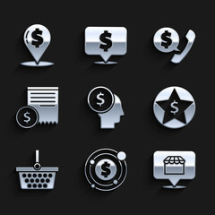 Set Business man planning mind, Online shopping concept, Star and, Shopping basket, Paper check financial check, Telephone handset speech bubble chat and Cash location icon. Vector