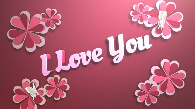 I Love You with romantic flowers patten on red background, motion holidays, romantic and love style background