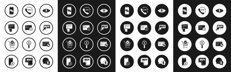 Set Eye with dollar, Online shopping on screen, Percent discount and mobile, Buy button, Telephone 24 hours support, Discount card percent and Shopping cart check mark icon. Vector