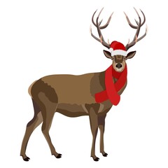 Merry Christmas and New Year. Christmas deer with Santa Claus hat and red scarf for banners, flyers, posters, cards. Vector illustration isolated on white background