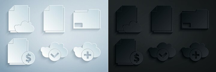 Set Cloud with check mark, Document folder, Finance document, Add cloud, and storage text icon. Vector