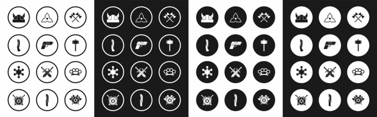 Set Crossed medieval axes, Pistol or gun, Military knife, Viking in horned helmet, Battle hammer, Japanese ninja shuriken, Brass knuckles and Police badge icon. Vector