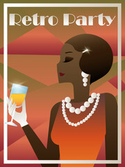 A girl with short hair holds a glass with a cocktail. Retro. 1920. Art Deco.