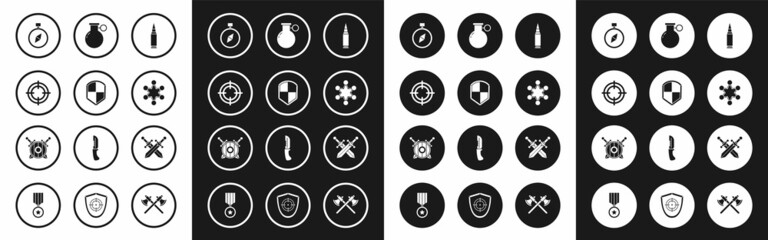 Set Bullet, Shield, Target sport, Compass, Police badge, Hand grenade, Crossed medieval sword and Wooden shield with crossed swords icon. Vector