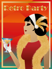 The girl in feathers holds a glass with a cocktail. Retro. 1920. Art Deco