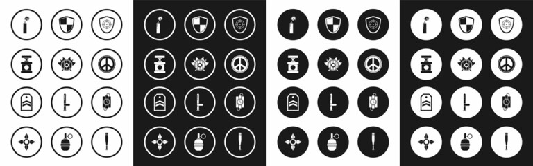 Set Target sport, Medieval shield with crossed axes, Handle detonator for dynamite, Dynamite bomb stick clock, Peace, Shield, timer and Chevron icon. Vector