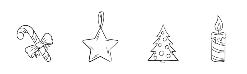 hand drawn christmas and new year symbol set. candy cane, star, christmas tree and candle. elements for greeting cards