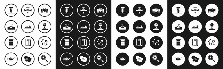 Set Oil railway cistern, tanker ship, Oilfield, Rotating drill digging hole, Gauge scale, Broken pipe with leaking water, Molecule oil and Barrel icon. Vector