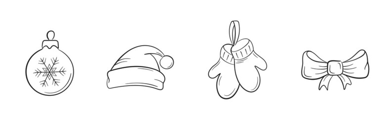 winter holiday symbols. christmas ball, santa claus hat, gloves and bow. elements for christmas and new year design