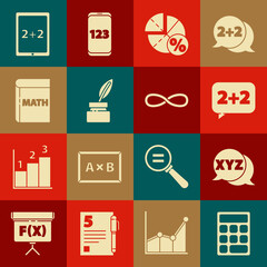 Set Calculator, XYZ Coordinate system, Equation solution, Graph, schedule, chart, diagram, Feather and inkwell, Book with word mathematics, Tablet calculator and Infinity icon. Vector