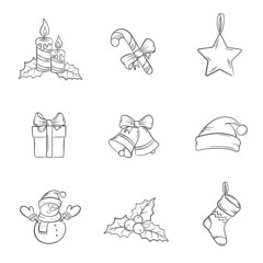 Fototapeta premium hand drawn christmas elements set. gift, snowman, holly berry, candles and bells. illustration for christmas design