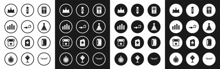 Set Stereo speaker, Birthday party horn, Music equalizer, Crown, Party hat, Candy, Beer can and Calendar icon. Vector