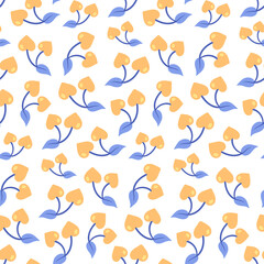 seamless pattern with cherry hearts on twigs with leaves. cute vector cartoon background.
