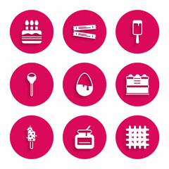 Set Chocolate egg, Jar of honey, Cracker biscuit, Cake, Ice cream, Lollipop, and with burning candles icon. Vector