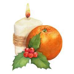 Christmas composition: candle, orange and a sprig of mistletoe.