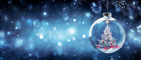 Arbre de Noël en branche de sapin suspendu boule avec des coffrets cadeaux en bleu abstrait nuit