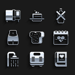 Set Bread toast, Bathroom scales, Medical book, Heart rate, Shower head, Women waist, No alcohol and Bed icon. Vector