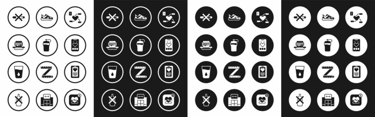 Set Attention to health heart, Fitness shaker, Junk food, No Smoking, Mobile with rate, Sport sneakers, Medical clipboard and Glass water icon. Vector