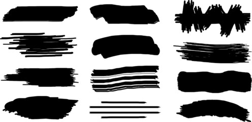 Brush stroke. Set of stencils. Blots of black ink isolated. Grungy abstract icons of various shapes for design education or graphic design.