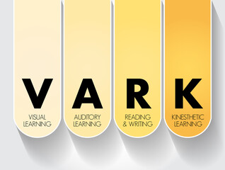 VARK Learning Styles model - was designed to help students and others learn more about their individual learning preferences, acronym concept for presentations and reports - obrazy, fototapety, plakaty