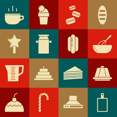 Set Cutting board, Pudding custard, Kitchen whisk and bowl, Macaron cookie, Can container for milk, Lollipop, Coffee cup and Hotdog sandwich icon. Vector