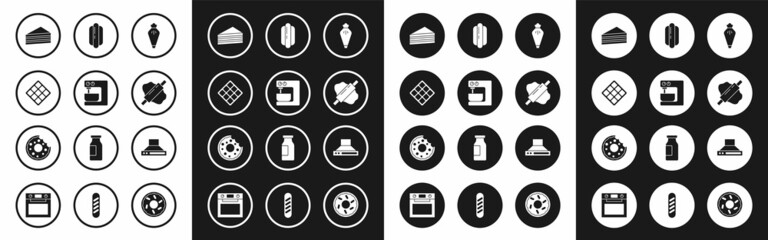Set Pastry bag, Electric mixer, Waffle, Cake, Rolling pin on dough, Hotdog sandwich, Kitchen extractor fan and Donut icon. Vector
