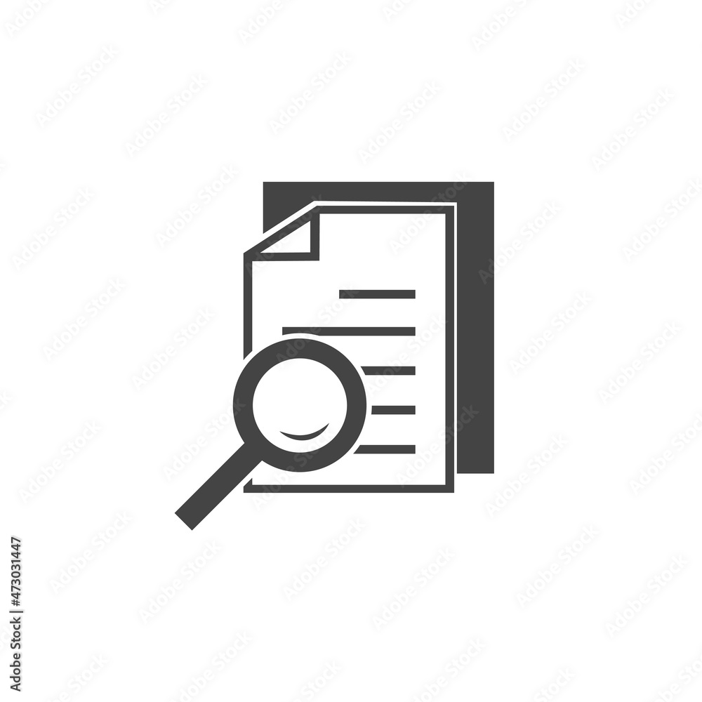 Poster vector document icon and magnifier. file search icon. document verification symbol on white isolated