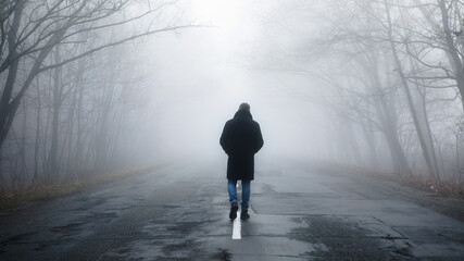 Man back view in fog landscape. Man walking  alone on scary foggy misty road.