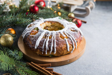 Epiphany cake, Kings cake, Roscon de reyes or Rosca de reyes. Traditional spanish christmas cake.