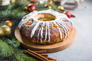 Epiphany cake, Kings cake, Roscon de reyes or Rosca de reyes. Traditional spanish christmas cake.