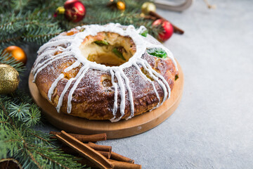 Epiphany cake, Kings cake, Roscon de reyes or Rosca de reyes. Traditional spanish christmas cake.