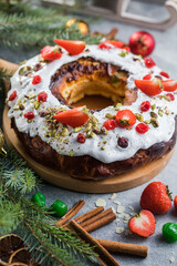 Epiphany cake, Kings cake, Roscon de reyes or Rosca de reyes. Traditional spanish christmas cake.