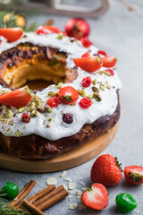Epiphany cake, Kings cake, Roscon de reyes or Rosca de reyes. Traditional spanish christmas cake.