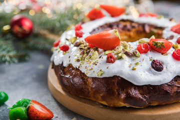 Epiphany cake, Kings cake, Roscon de reyes or Rosca de reyes. Traditional spanish christmas cake.