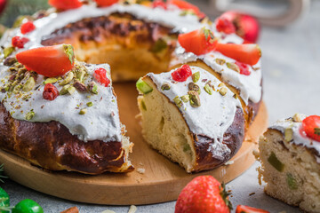 Epiphany cake, Kings cake, Roscon de reyes or Rosca de reyes. Traditional spanish christmas cake.