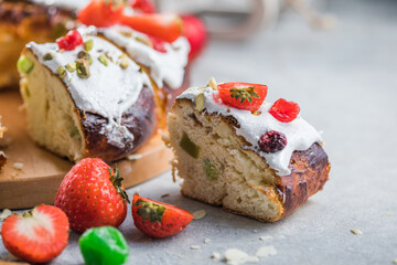 Epiphany cake, Kings cake, Roscon de reyes or Rosca de reyes. Traditional spanish christmas cake.