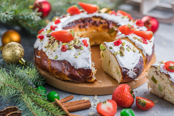 Epiphany cake, Kings cake, Roscon de reyes or Rosca de reyes. Traditional spanish christmas cake.