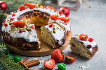 Epiphany cake, Kings cake, Roscon de reyes or Rosca de reyes. Traditional spanish christmas cake.