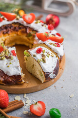 Epiphany cake, Kings cake, Roscon de reyes or Rosca de reyes. Traditional spanish christmas cake.