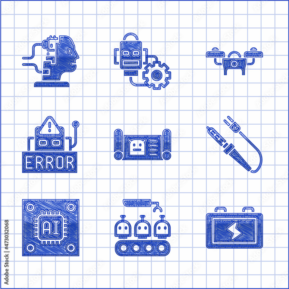 Poster set robot blueprint, industrial production of robots, battery, soldering iron, processor with microc