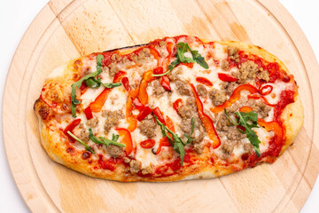 Delicious pizza served on wooden plate. Concept for advertising flyer and poster for restaurants or pizzerias, template with delicious taste of pepperoni.