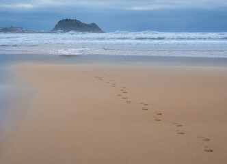 Footprints in the sand on the beach of Zarautz with Getaria in the background, Euskadi