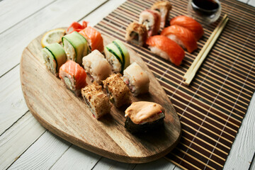 sushi set soy sauce chopsticks japanese cuisine traditional food