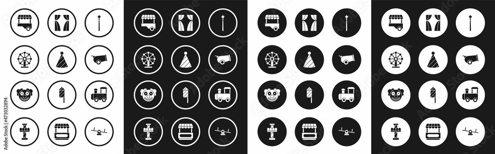 Sticker Set Magic wand, Party hat, Ferris wheel, Fast street food cart, Cannon, Circus curtain raises, Toy train and Clown head icon. Vector