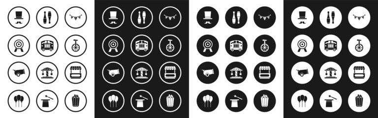 Set Carnival garland with flags, Circus wagon, Target, Magician, Unicycle or one wheel bicycle, Bowling pin, Fast street food cart and Cannon icon. Vector © Oksana