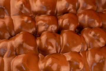 The texture of chocolate profiteroles. Close-up of a profiterole. chocolate coating. Traditional italian dessert profiteroles with chocolate cream