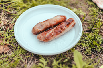 Cooking sausages on a campfire in nature autumn. Female traveler camping. Trekking, adventure and seasonal vacation concept.